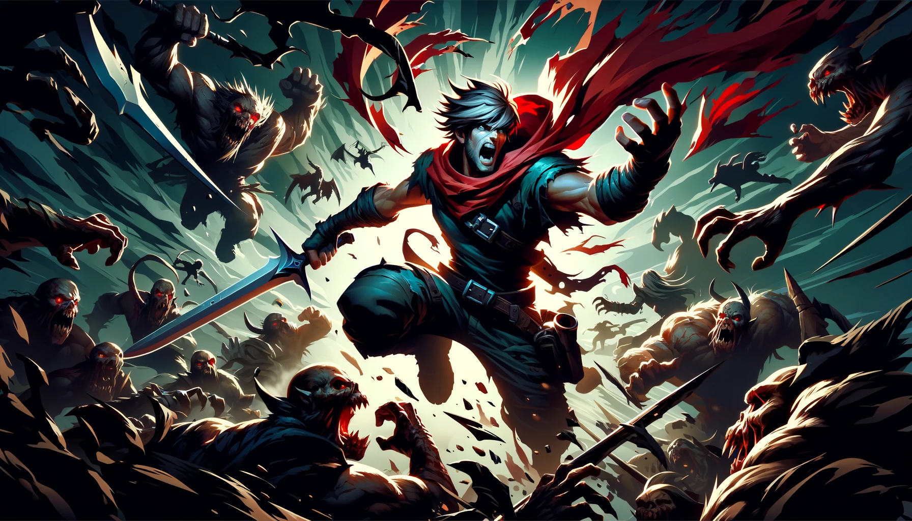 Dynamische und aktionsreiche Darstellung eines Slayer-Helden, der sich durch eine dunkle Monsterhorde kämpft, wobei die Szene die Intensität und den Mut des Kampfes in einem Hack and Slay Videospiel einfängt.